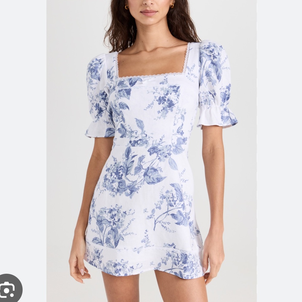 Reformation evianna mini linen dress white and blue lupine pattern size 8